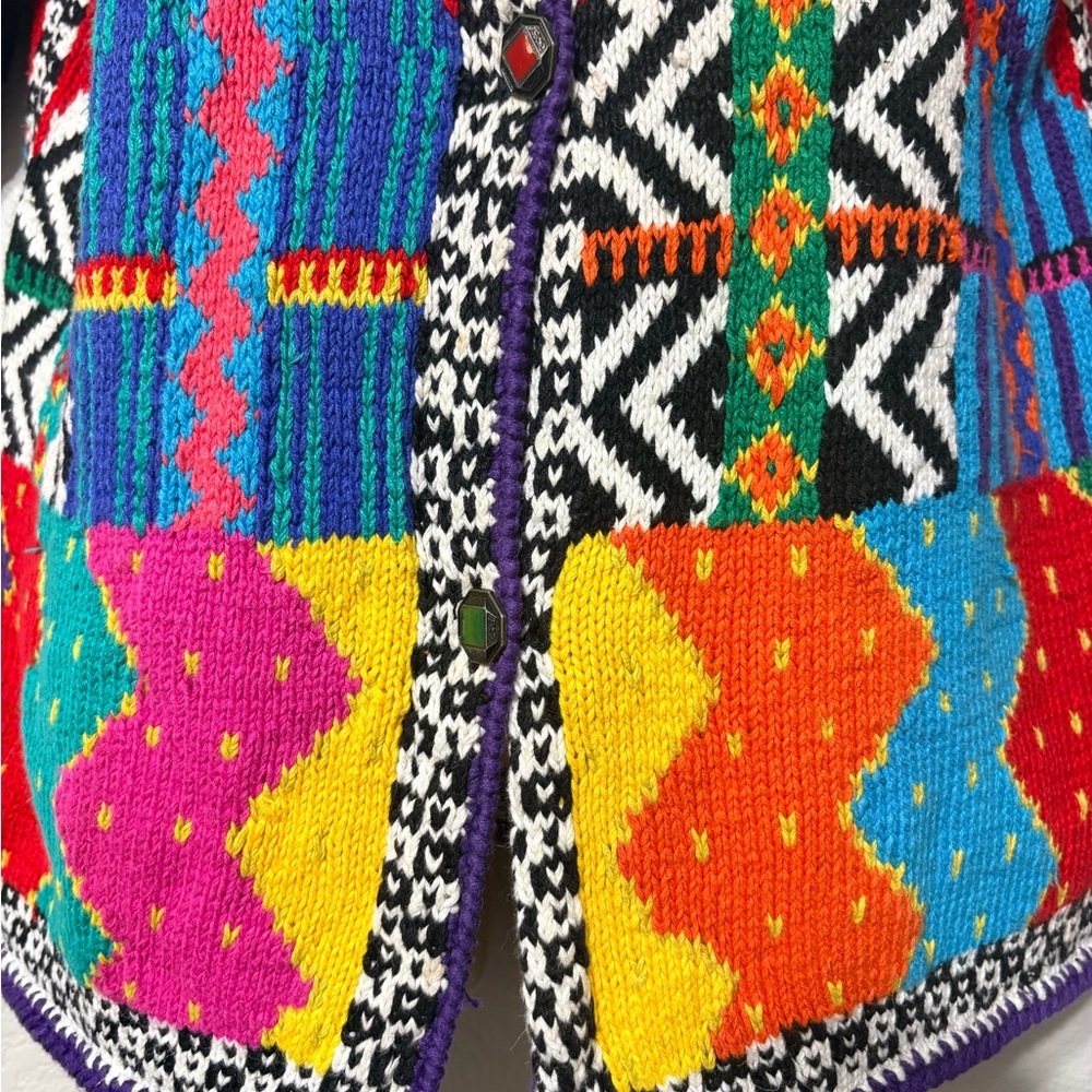 Colorful Vintage Southwestern Aztec Knit Cardigan with Metal Buttons.Heavyweight - Picture 7 of 14